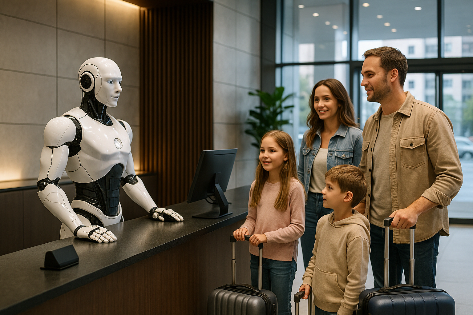Familia en la recepción de un hotel moderno con un humanoide
